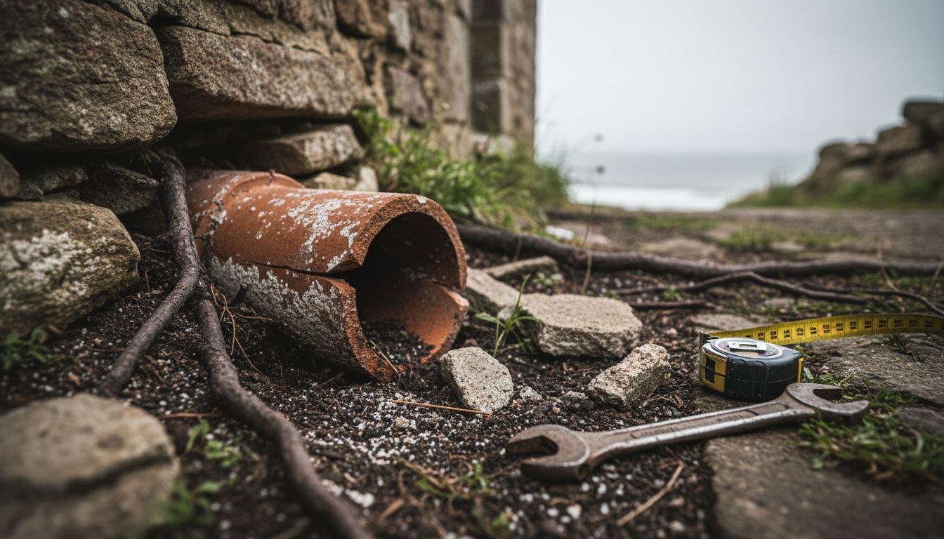 Cracked, corroded clay drain pipe close-up