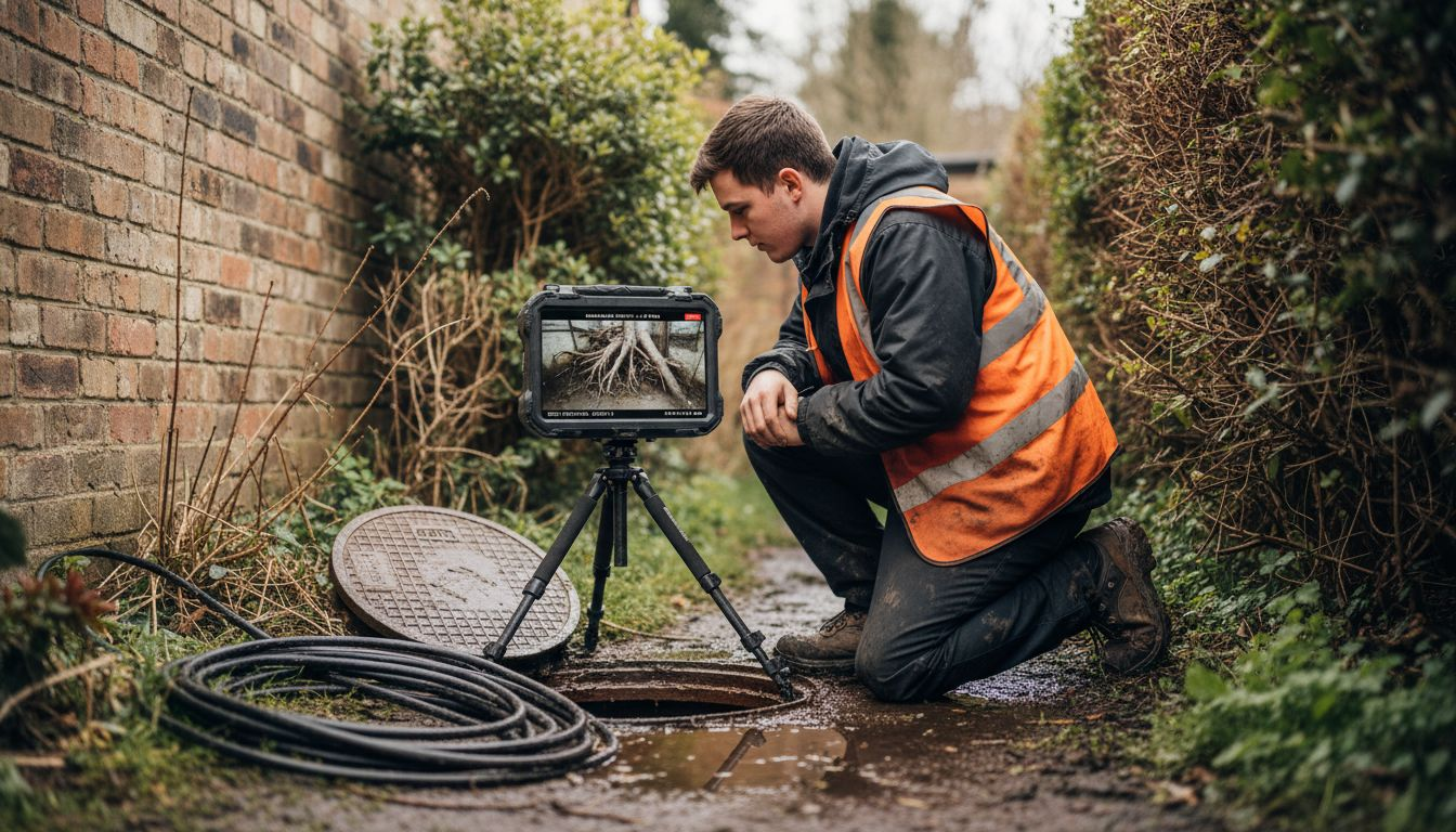 Technician watching drain camera shows root blockage