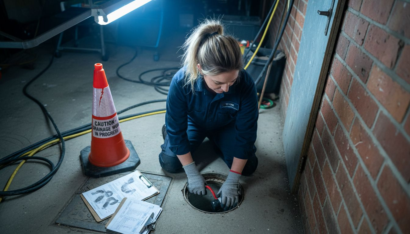 Technician using CCTV camera in drainage pipe