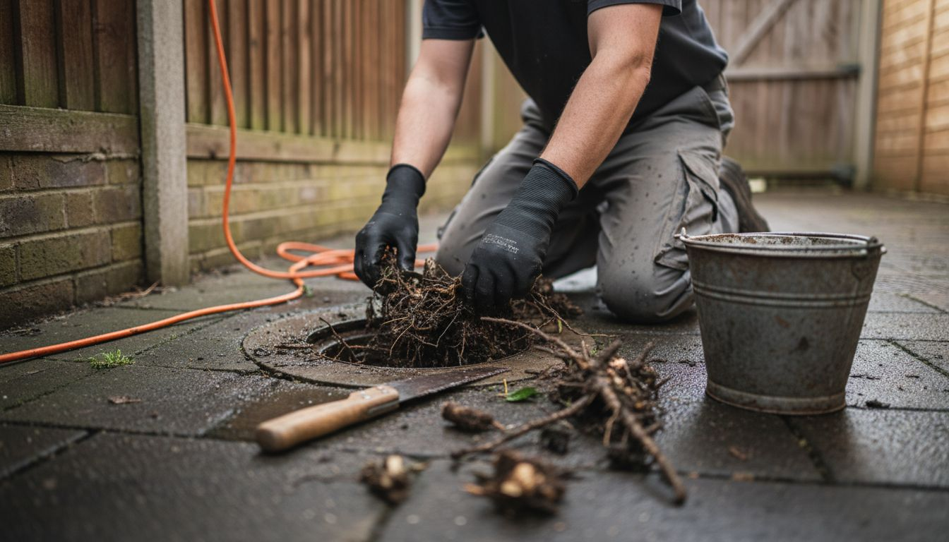 Blocked outdoor drain with visible root intrusion