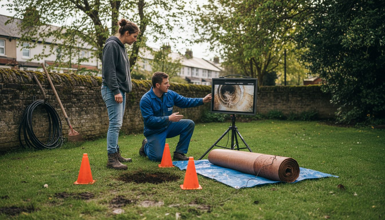 Technician explains drain relining process outdoors