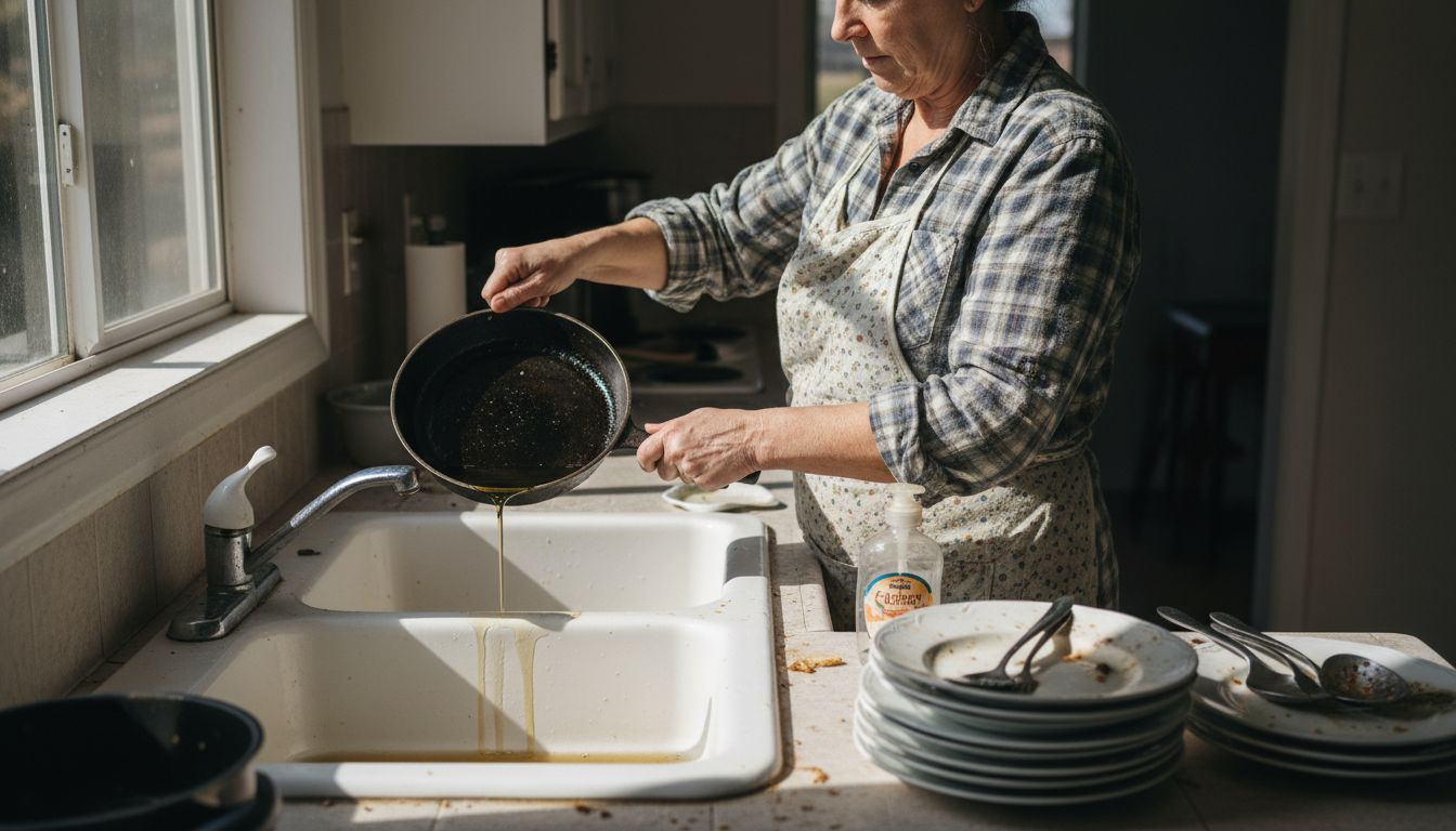 Homeowner pouring oil into kitchen sink