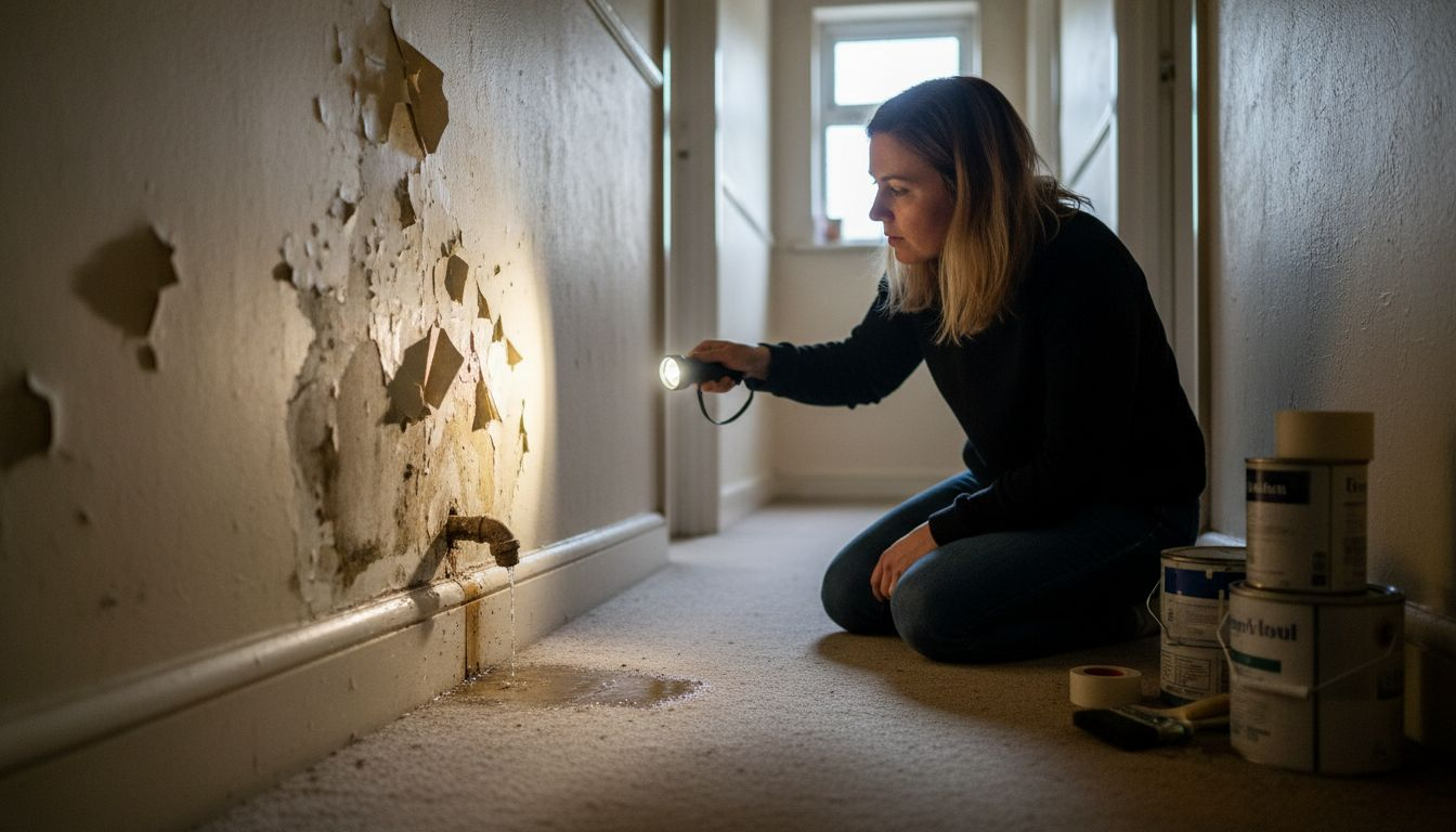 Homeowner inspects drain leak water damage