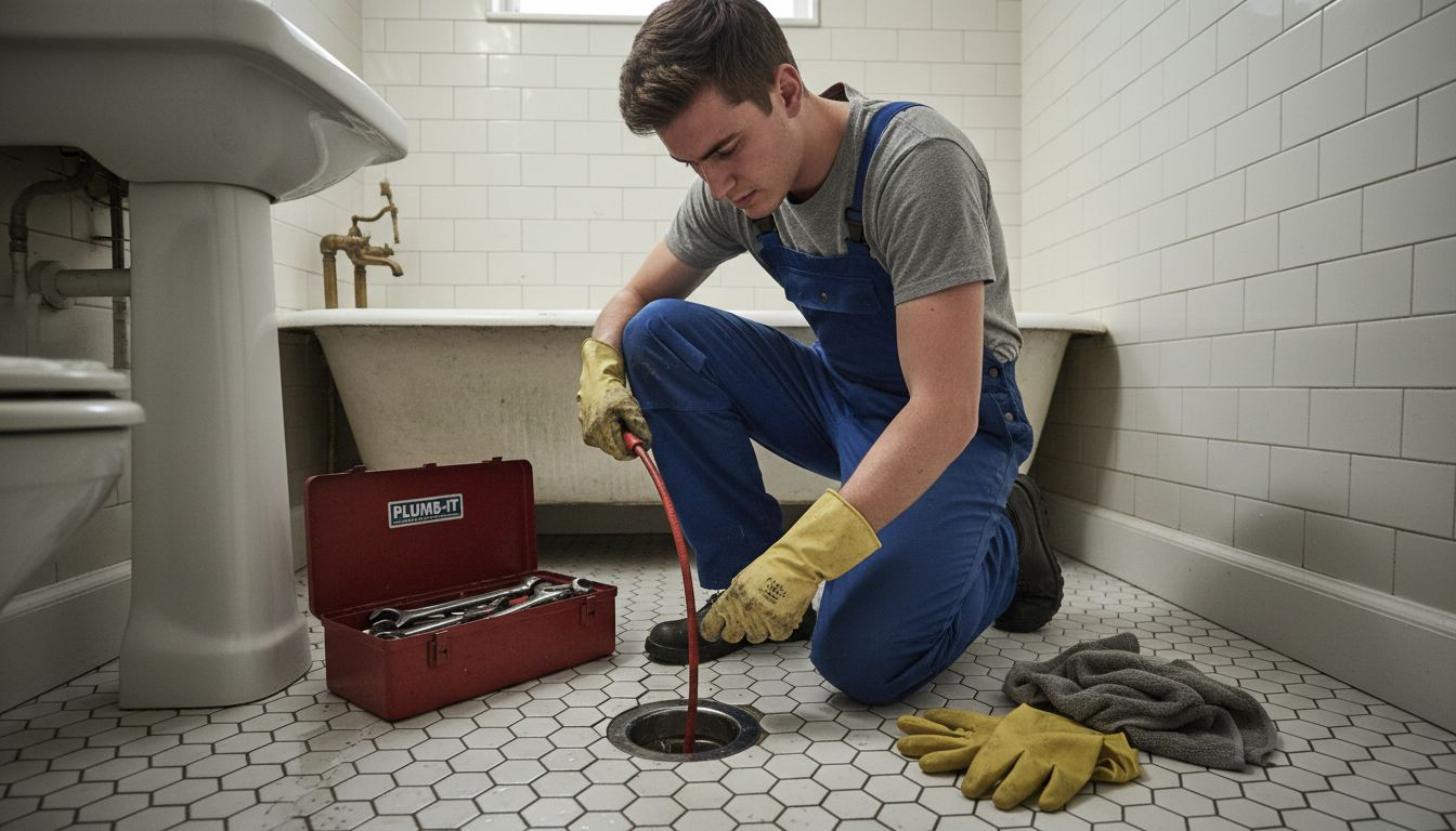 Plumber using mechanical drain snake in bathroom