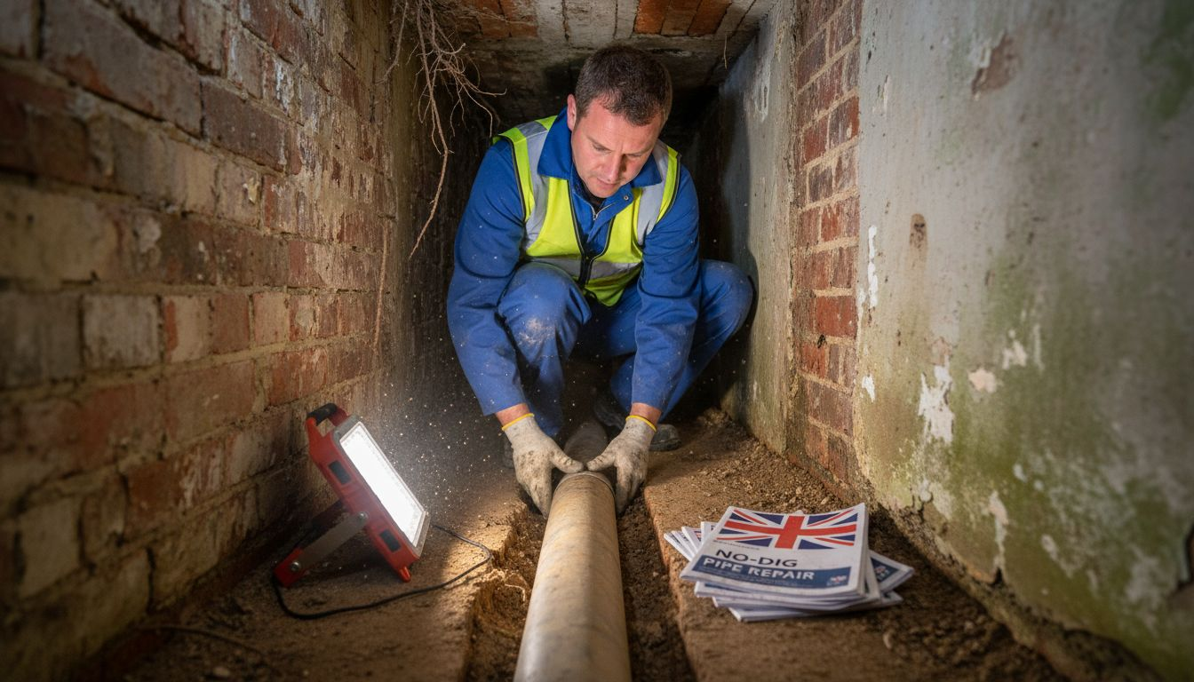 Technician installing pipe liner in basement