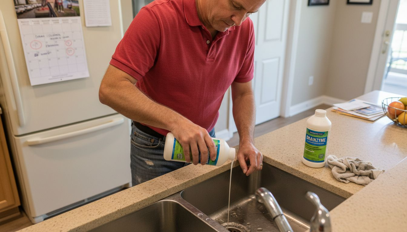 Man using enzyme cleaner for drain maintenance