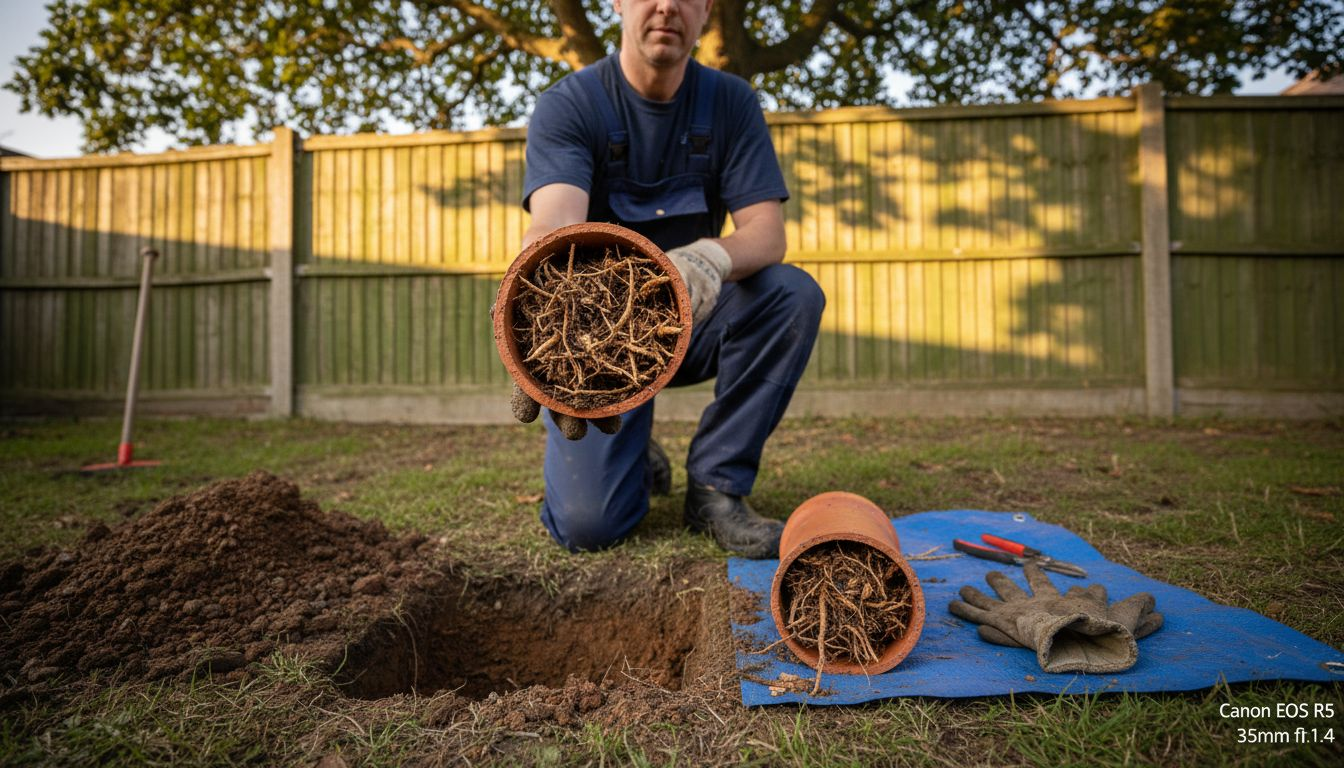 Tree roots clogging exposed clay pipe