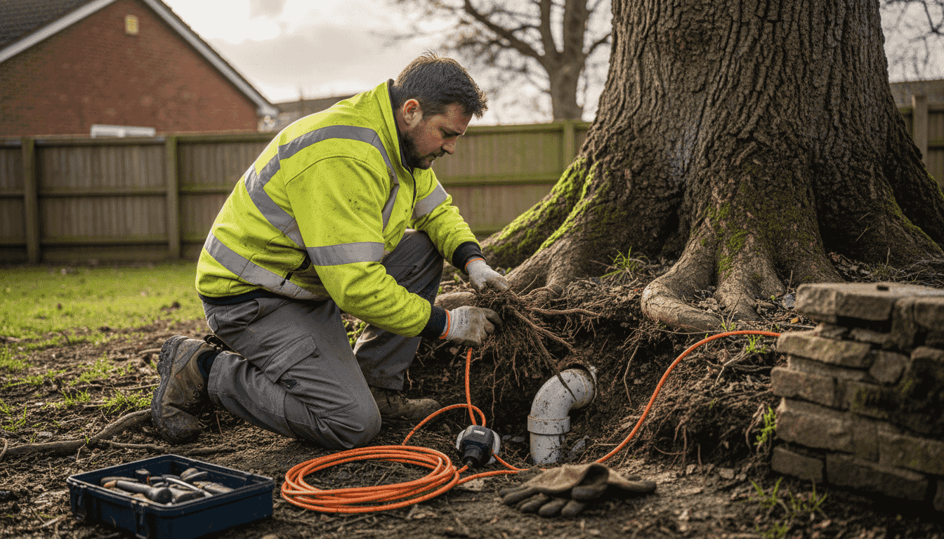 Engineer removes roots from damaged pipe