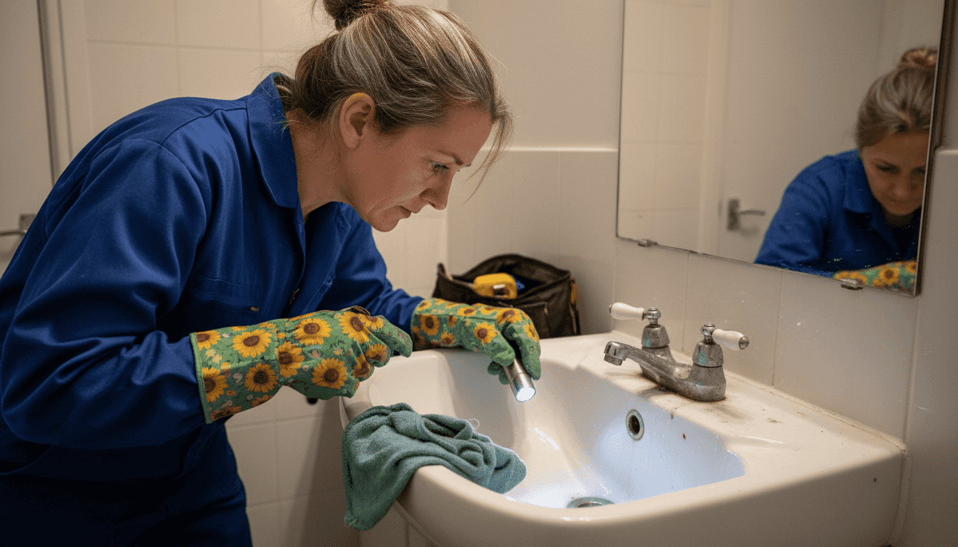 Woman inspecting bathroom drain with flashlight