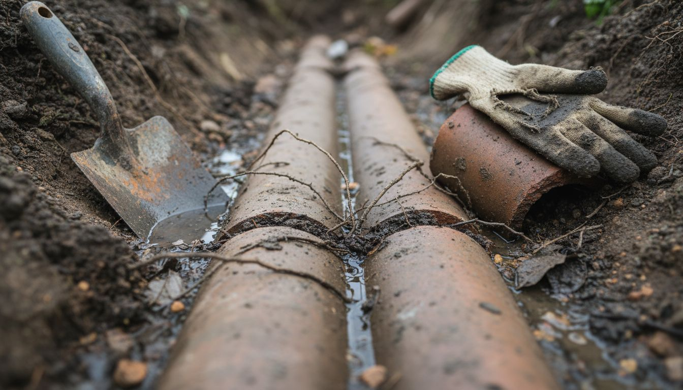 Tree roots growing into cracked clay pipe