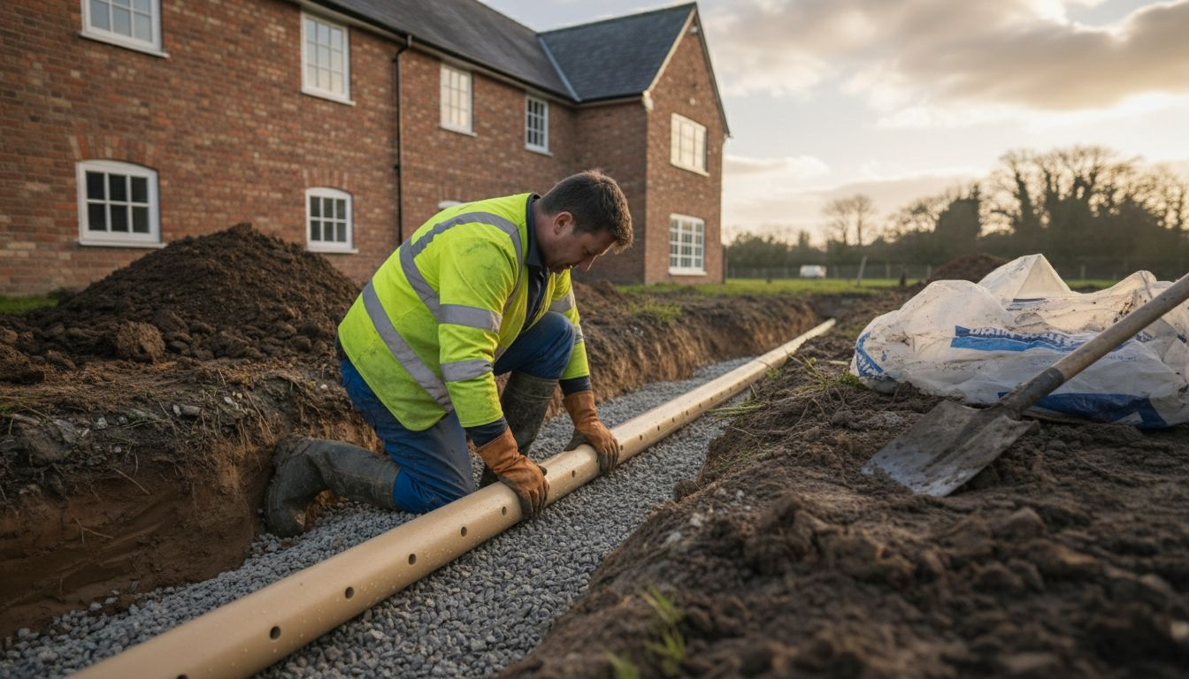 Contractor installing French drain pipe