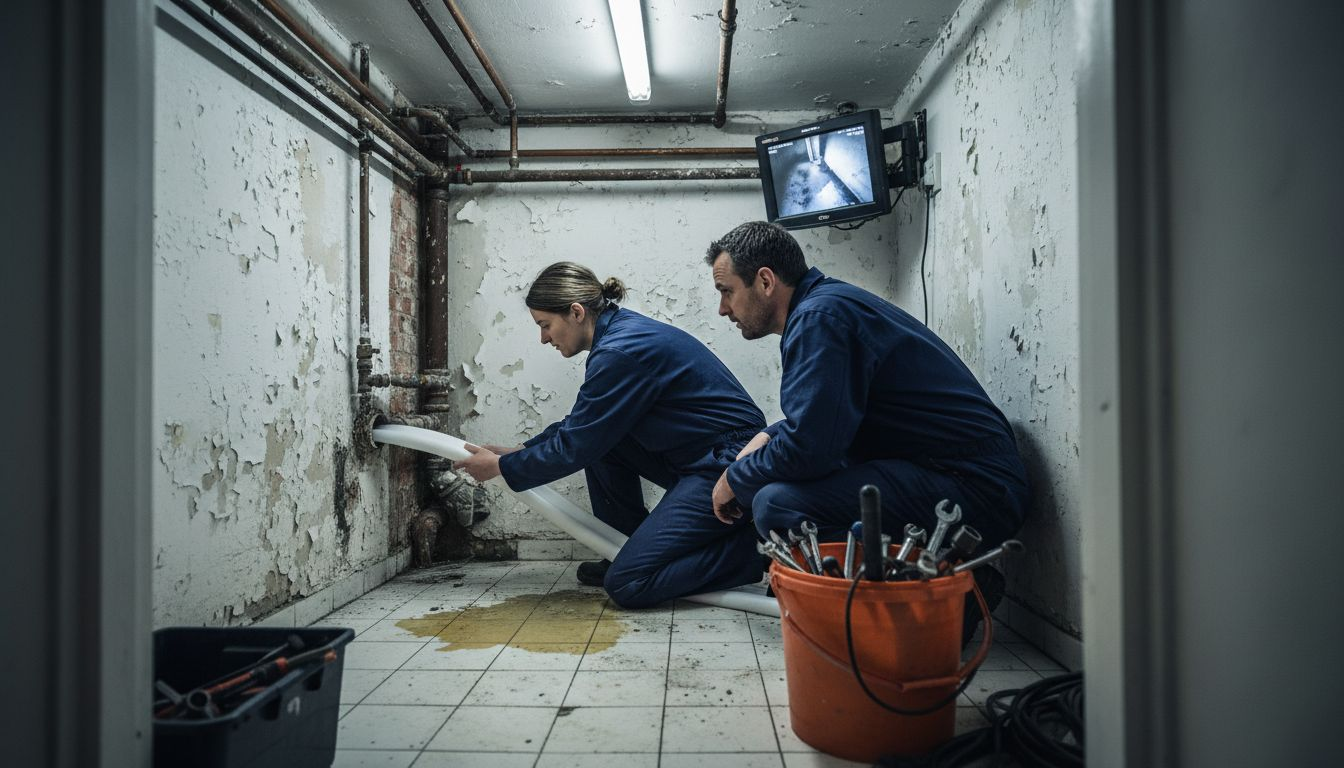 Specialists installing pipe liner in utility room