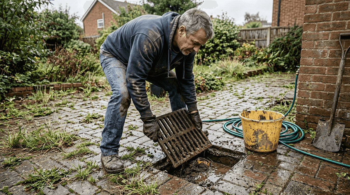 Inspecting outdoor drain for early blockage signs