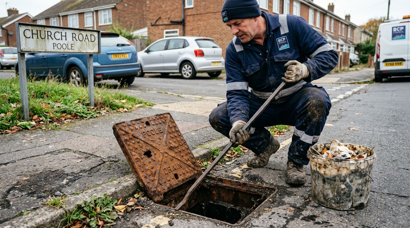 Worker clearing fats and debris from drain
