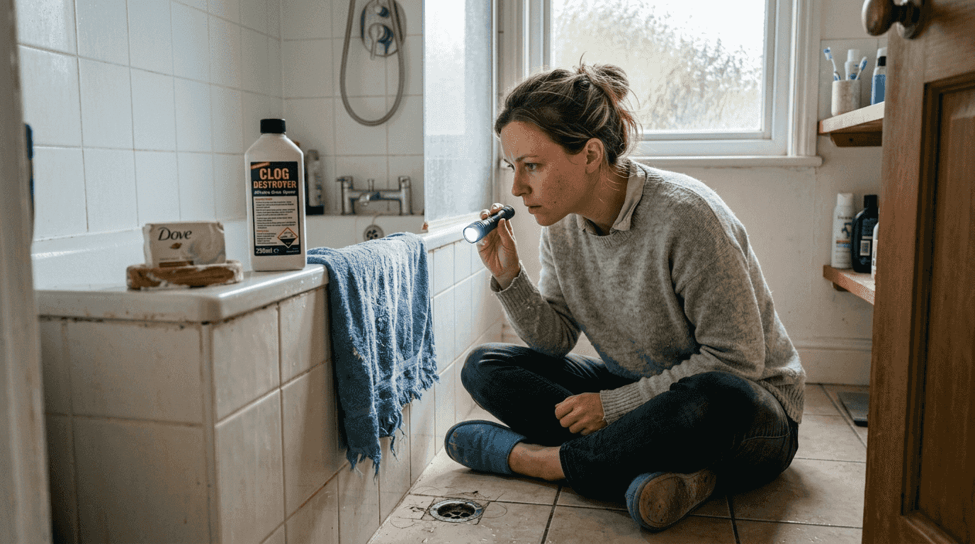 Woman inspecting mould in bathtub drain