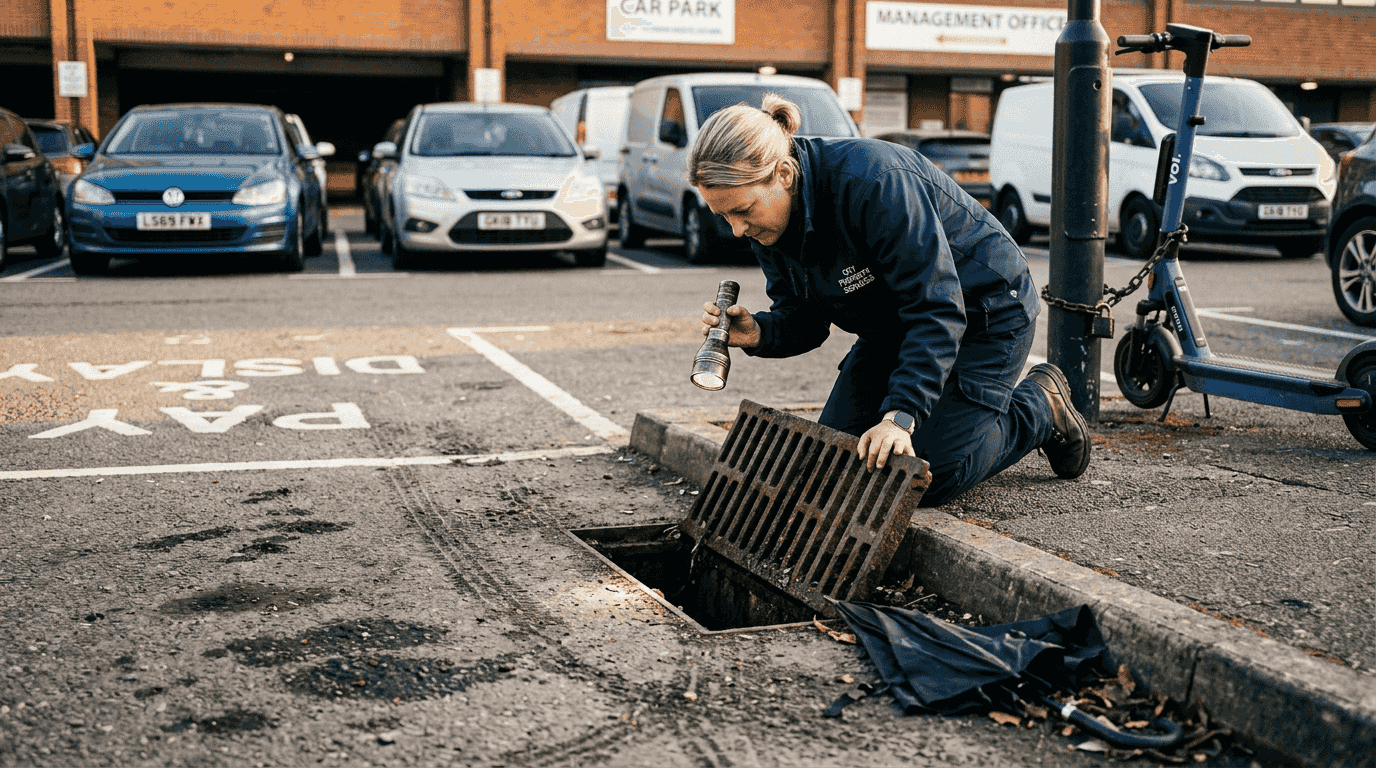 Manager inspects channel drain in car park