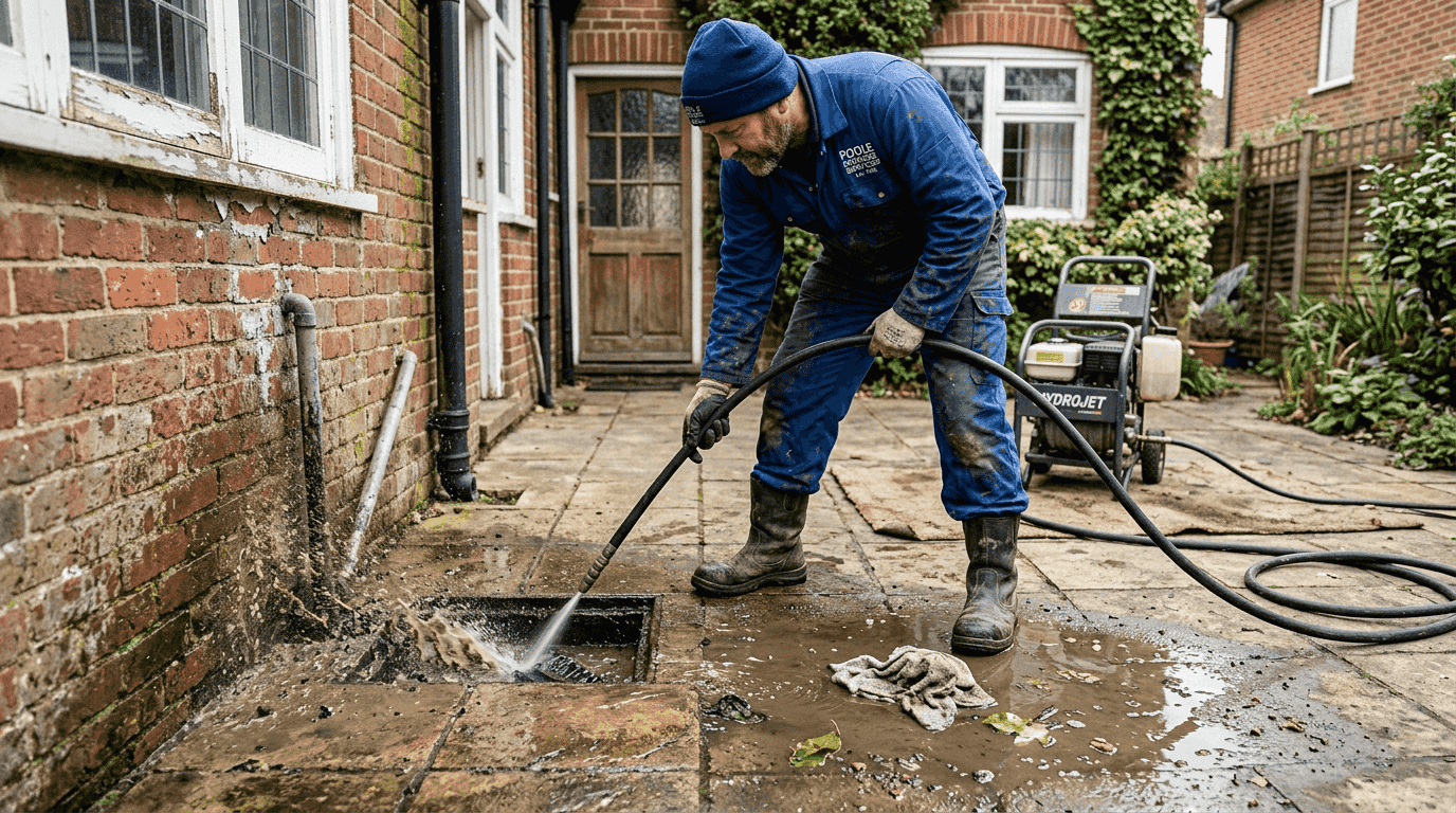 Plumber hydro jetting outdoor home drain