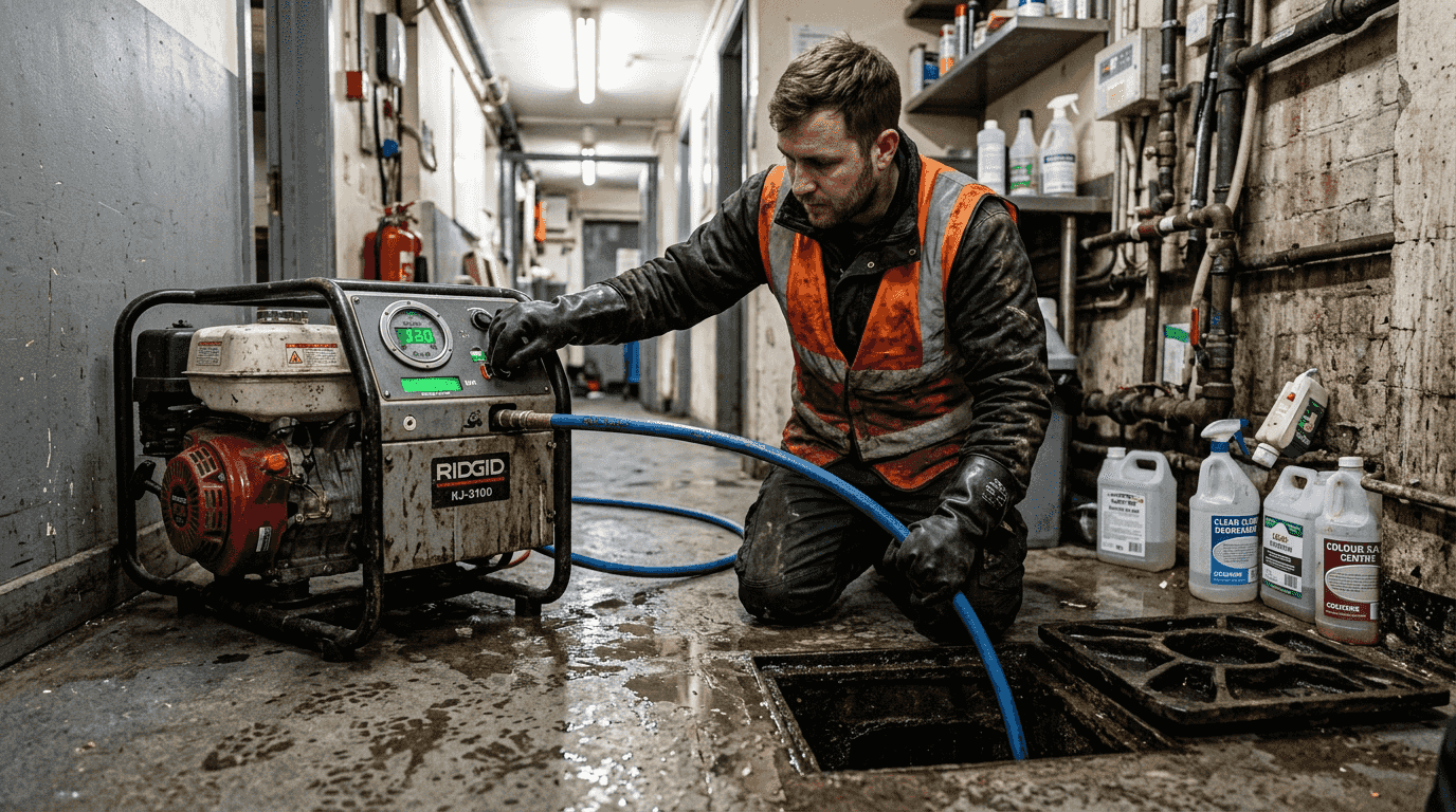 Technician using hydro jetting equipment on drain
