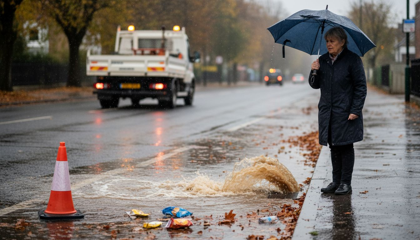 Street drain overflowing with rainwater and debris