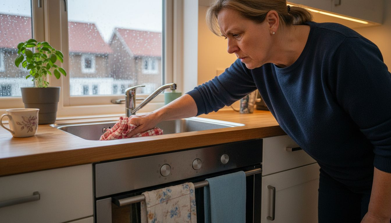 Woman cleaning kitchen drain at home
