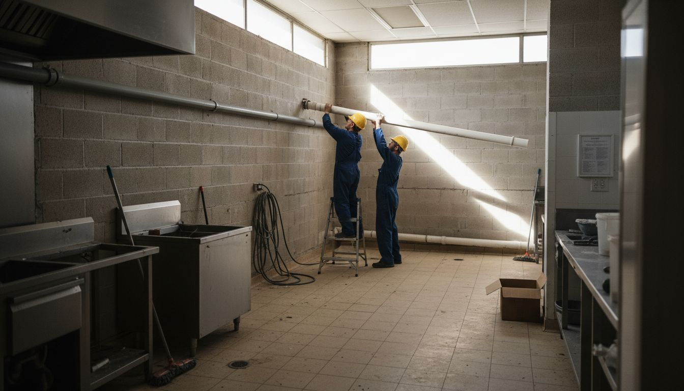 Installers fitting drainage pipes in kitchen