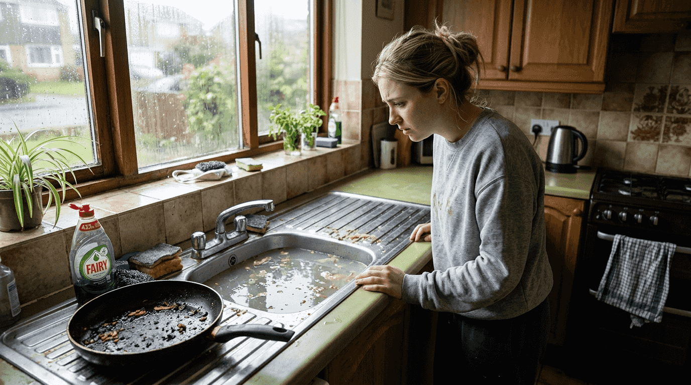 Blocked kitchen sink and worried homeowner
