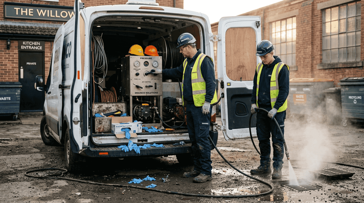 Commercial drain jetting equipment in use by workers