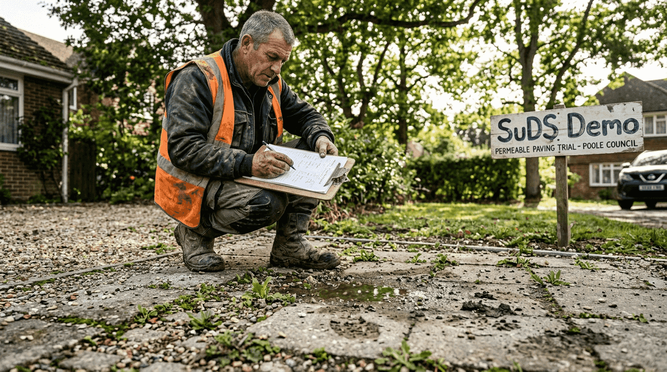 Contractor checking permeable paving for SuDS
