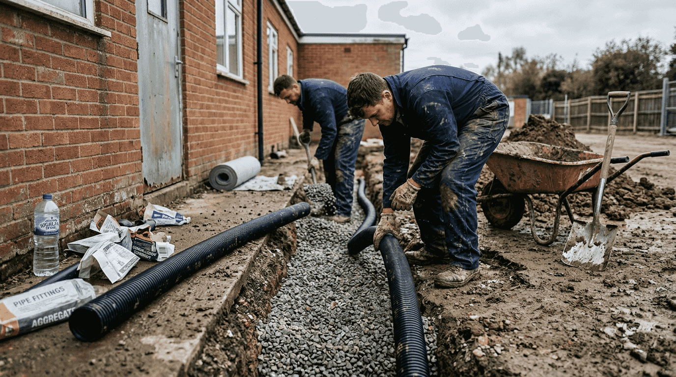 Contractors installing French drain at business site