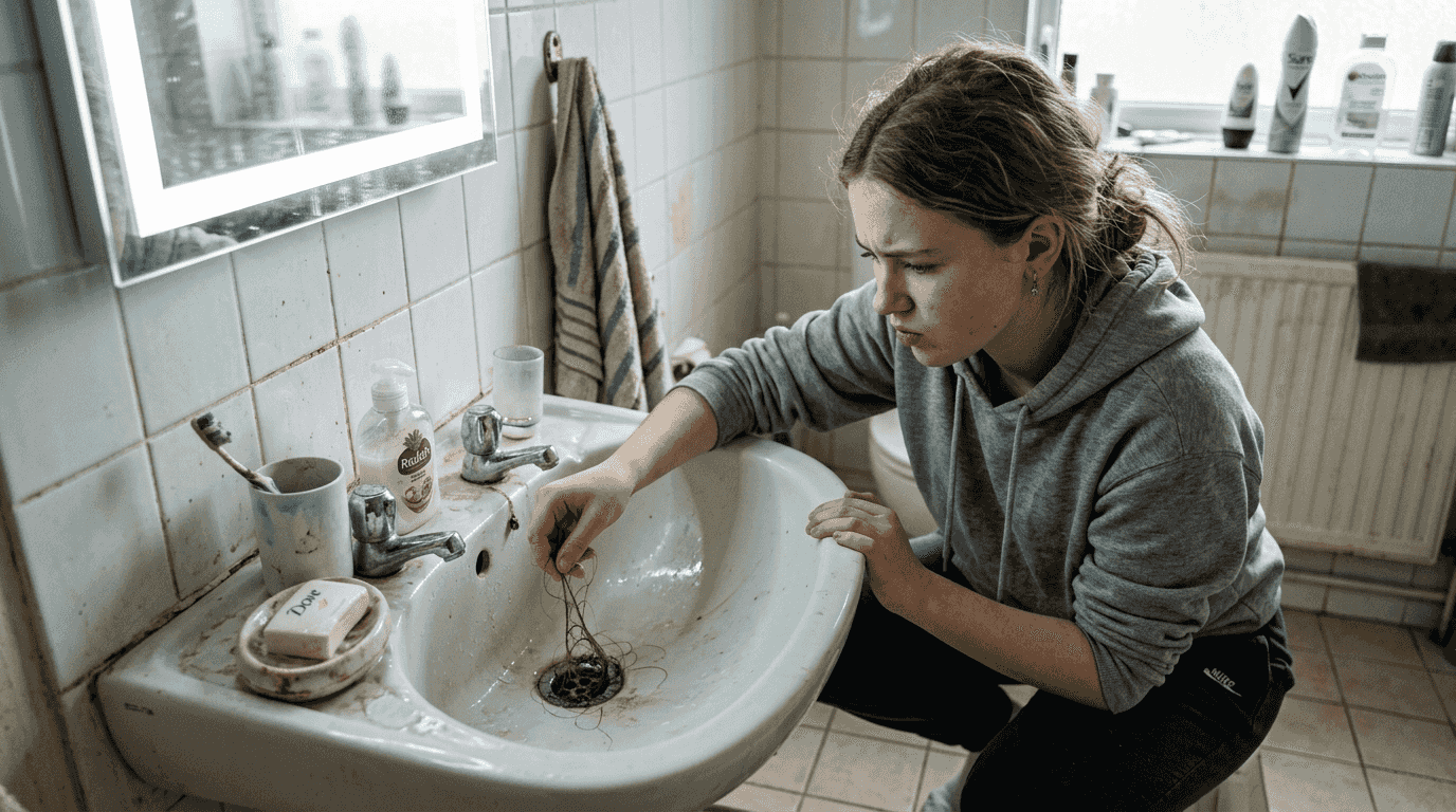 Person removing hair from bathroom sink drain