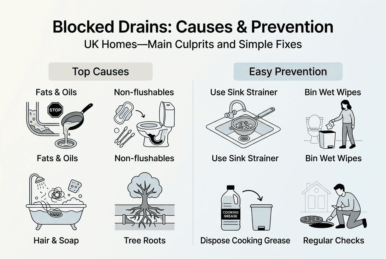 Infographic showing drain blockage causes and fixes
