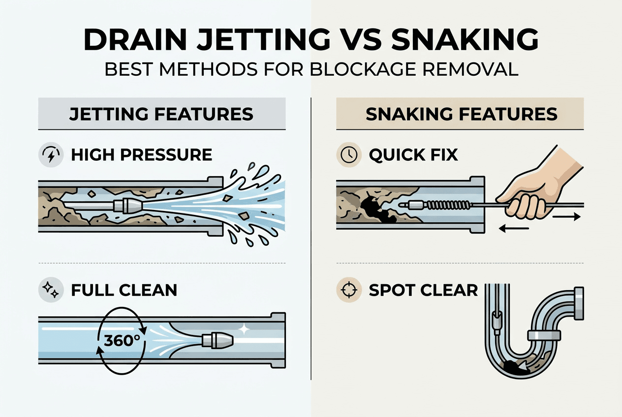 Infographic showing drain jetting and snaking comparison