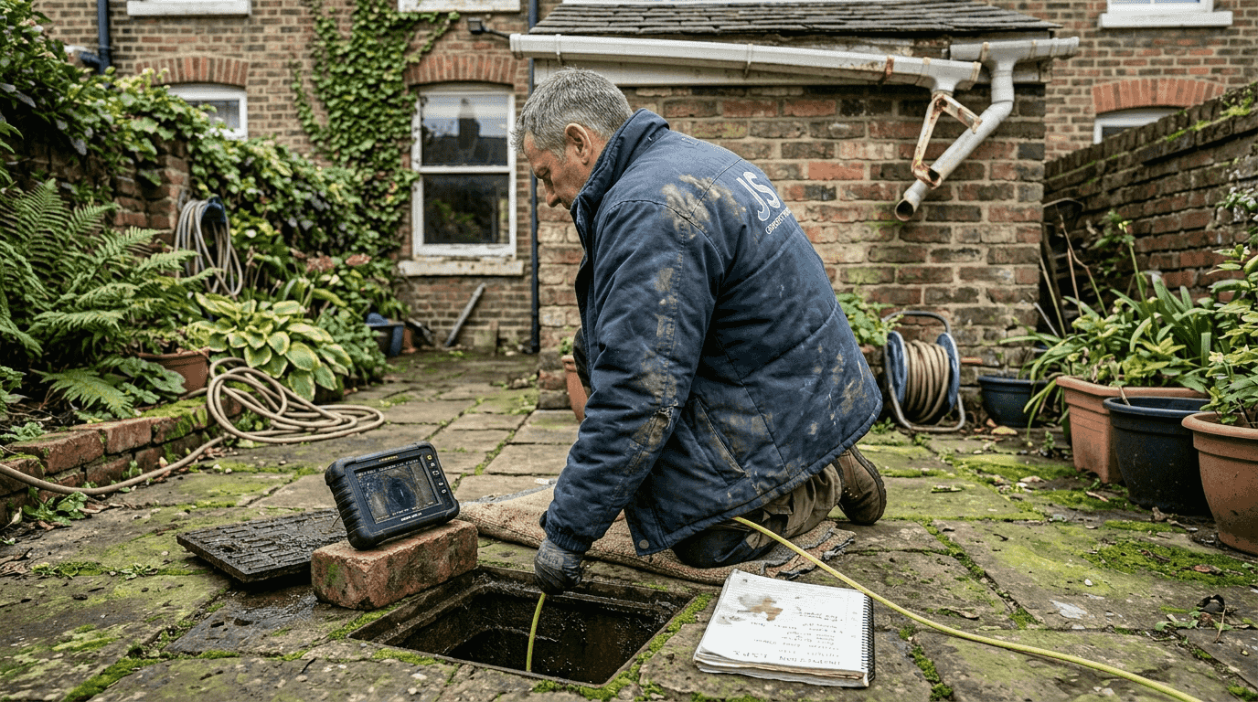 Property manager inspecting open drain in garden