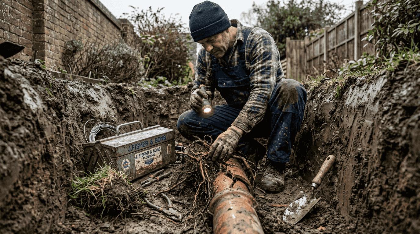 Plumber inspecting cracked drain pipe with roots