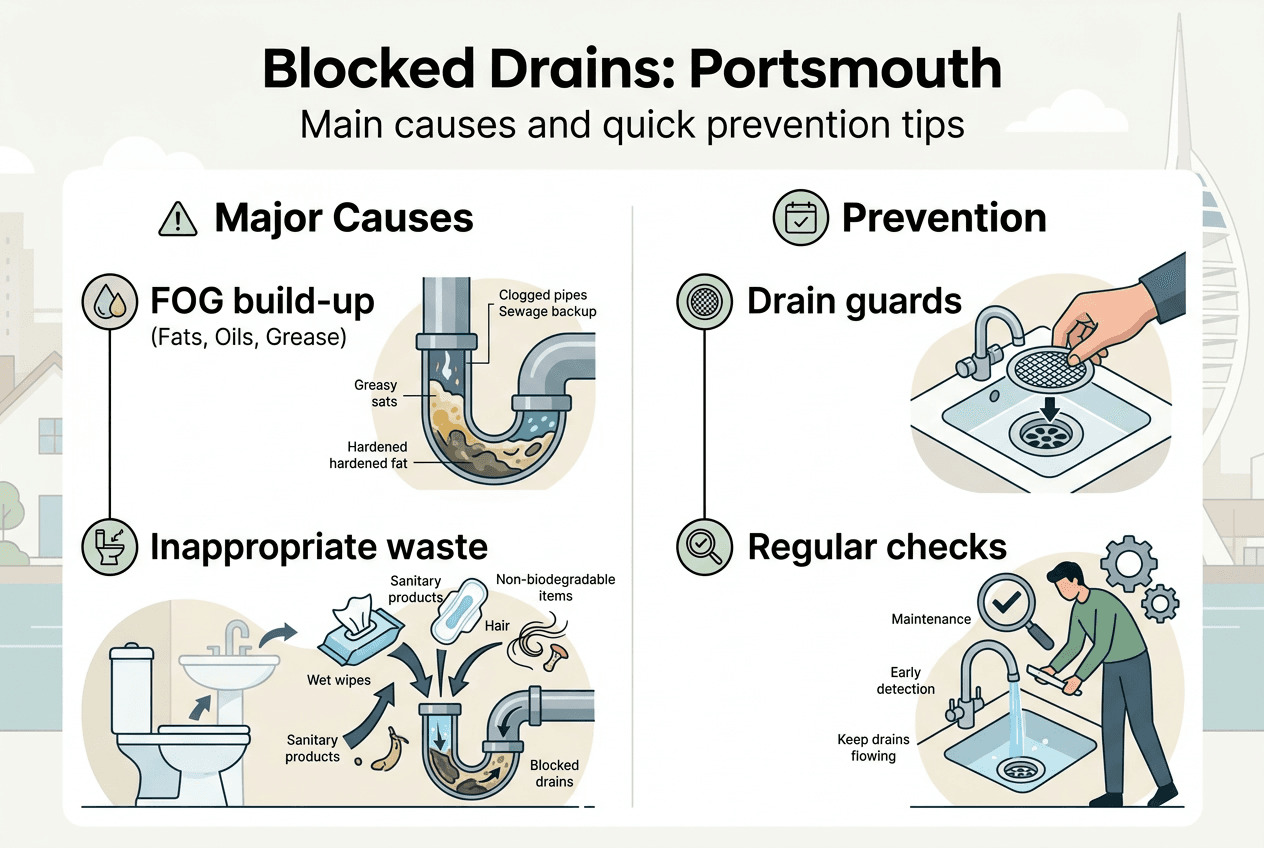 Infographic showing main blocked drain causes and prevention