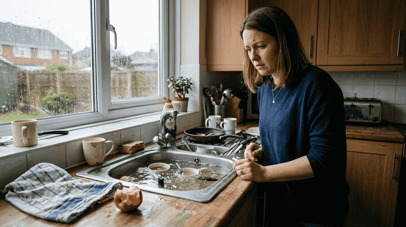 Woman observes slow draining kitchen sink