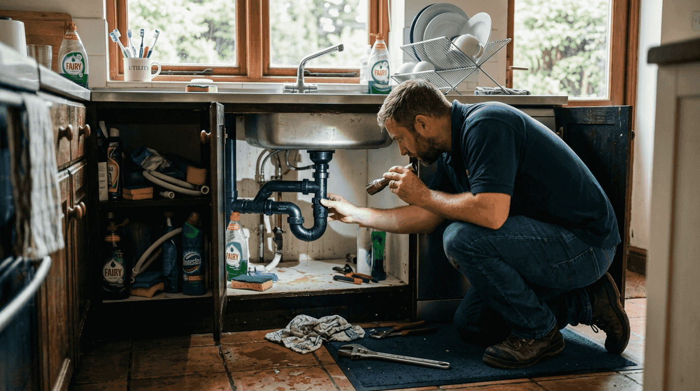 Man inspecting drain under kitchen sink