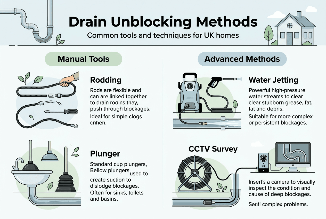 Infographic showing drain unblocking tools and methods