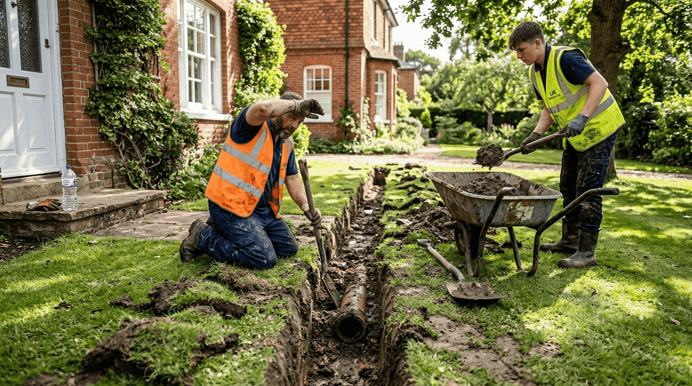 Traditional drain excavation with workers digging