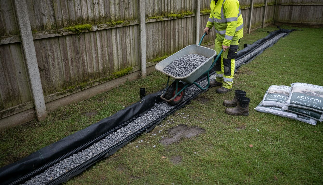 Worker installs French drain trench and gravel