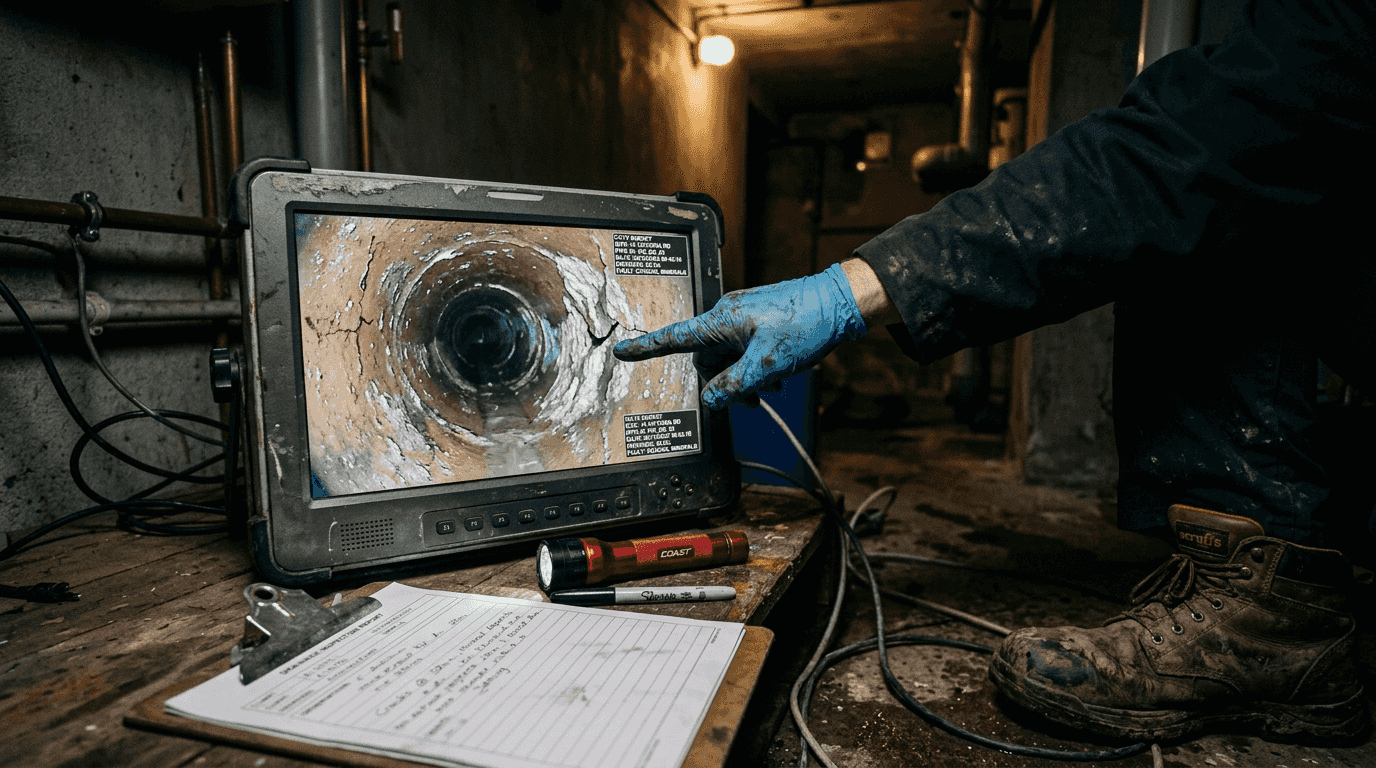 Monitor showing detailed CCTV drain inspection