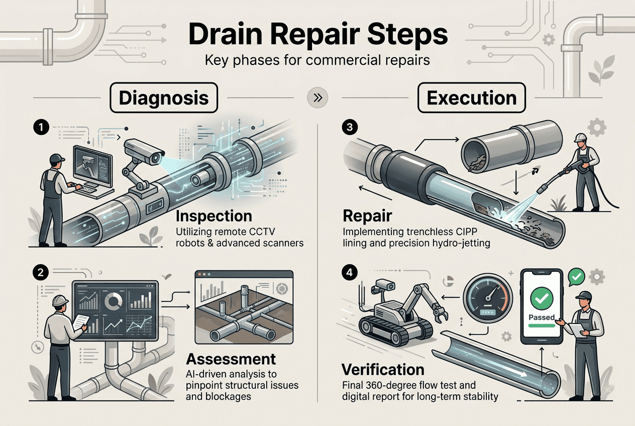 Infographic summarizing drain repair process steps