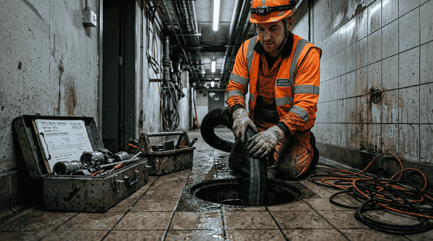 Technician installing commercial drain relining sleeve