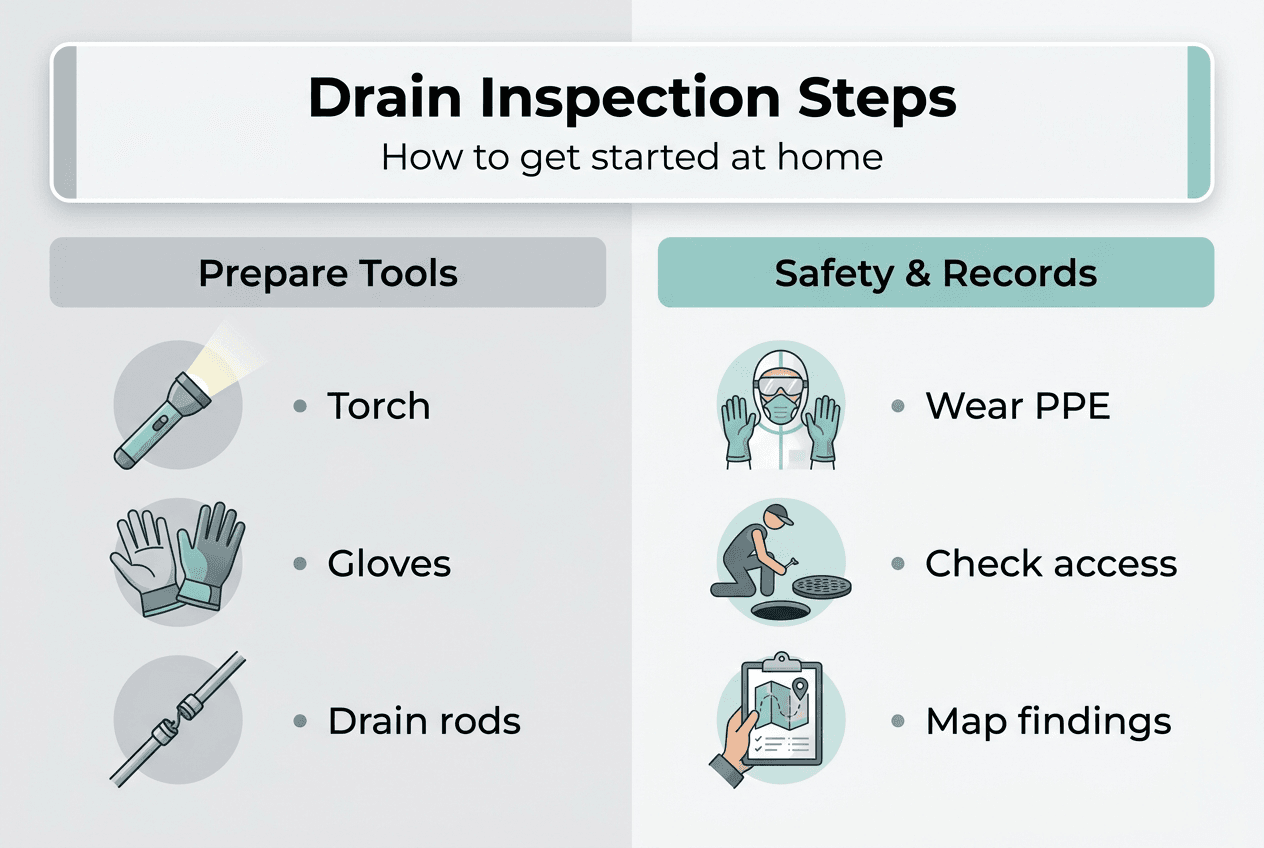 Infographic showing drain inspection preparation steps