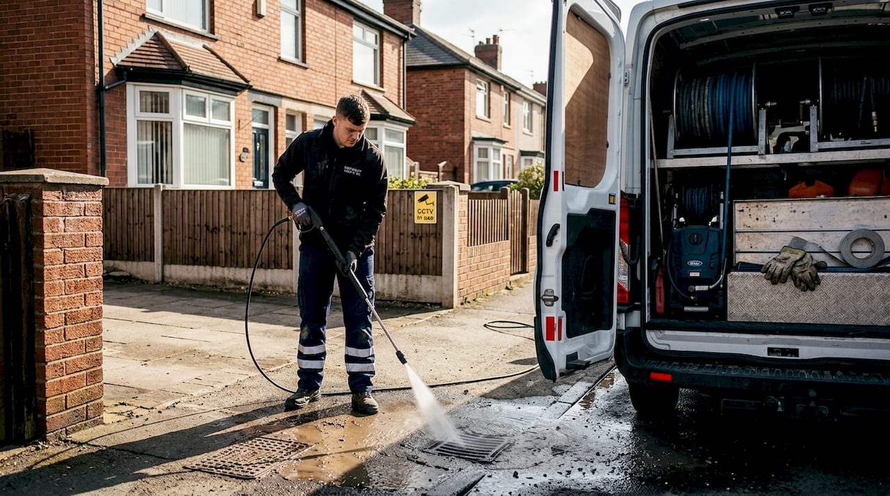 Technician jetting outdoor drain with open van and mess