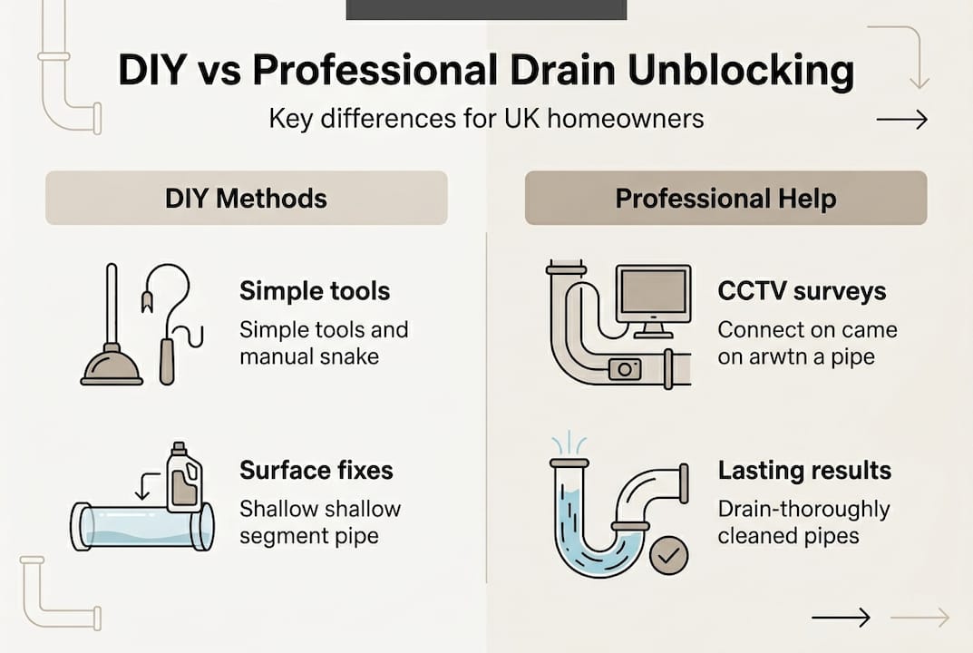 Infographic comparing DIY and professional drain methods