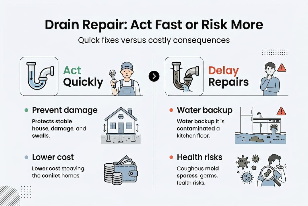 Infographic showing timely vs delayed drain repair risks