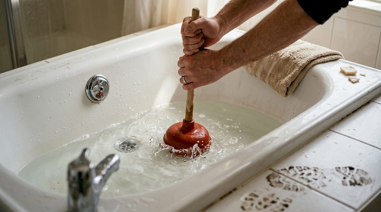 Hands using plunger to clear bathtub drain