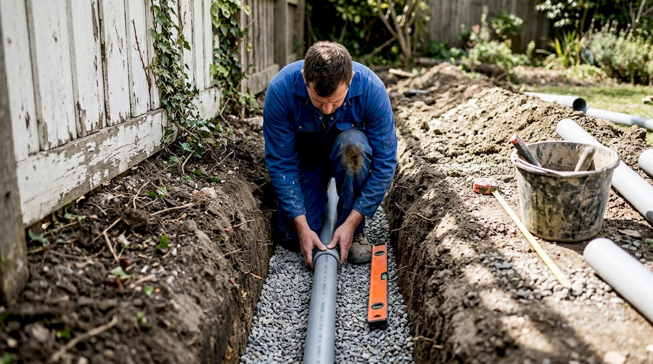 Contractor installing subsurface drainage pipe