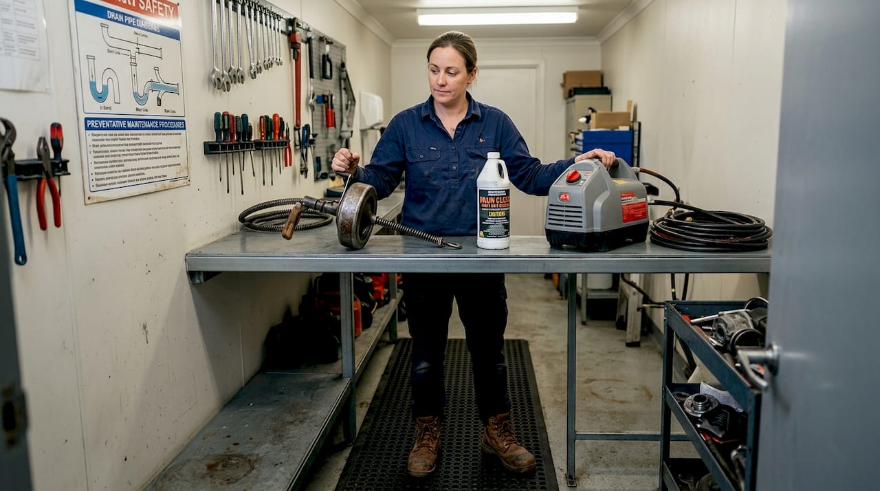 Technician compares auger, chemicals, jetting tools